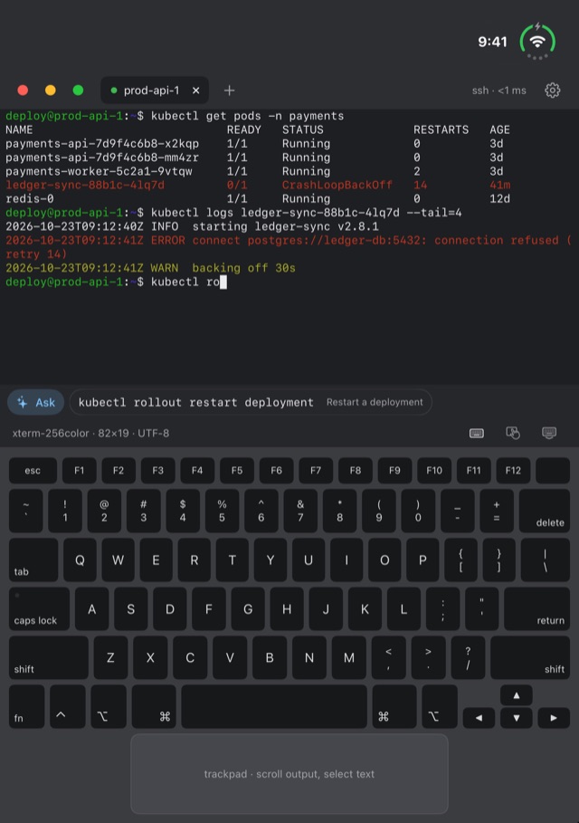 Fold Terminal on iPhone Duo, half-folded: an SSH session running kubectl on the top half, a full Mac keyboard and trackpad on the bottom half