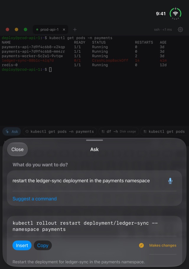 Fold Terminal screenshot: the Ask sheet turns a plain-English request into a kubectl command, marked as one that makes changes, with Insert and Copy buttons