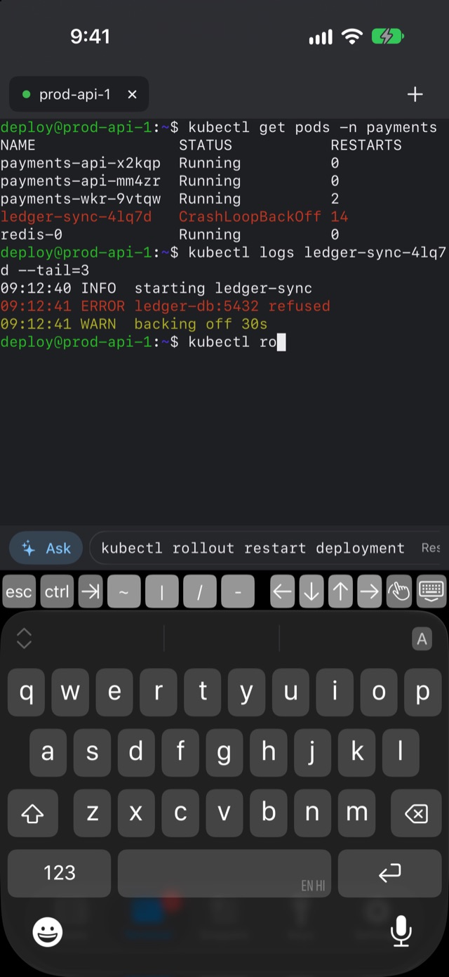 Fold Terminal screenshot: an SSH session on iPhone with esc, ctrl, tab and arrow keys above the keyboard and a command suggestion