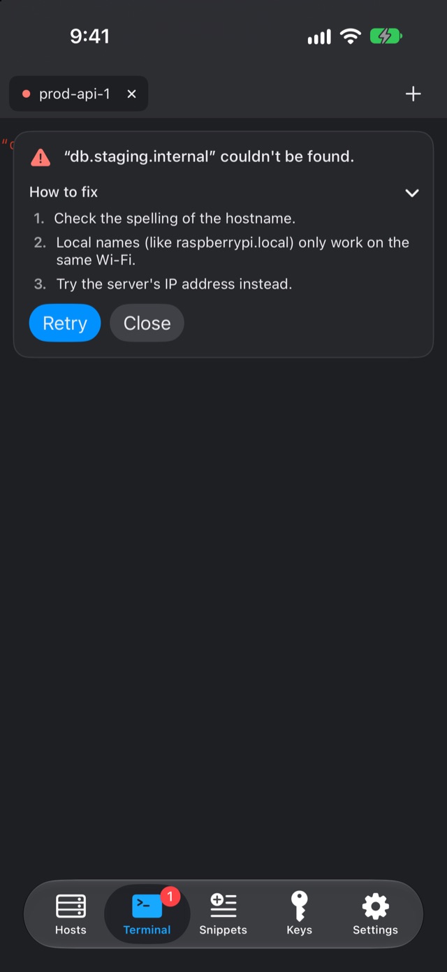 Fold Terminal screenshot: a connection error saying a hostname couldn't be found, with numbered steps on how to fix it and a Retry button