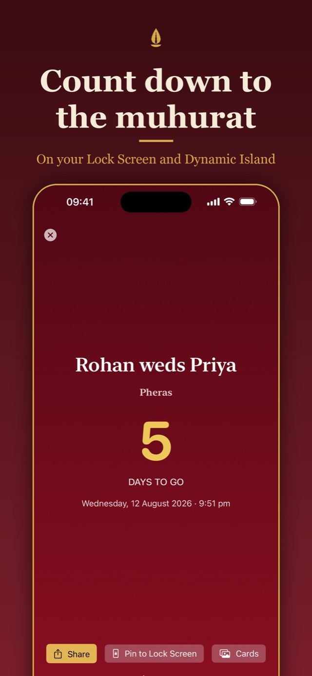 Lagna screenshot: a themed countdown reading Rohan weds Priya, Pheras, 5 days to go, with Pin to Lock Screen