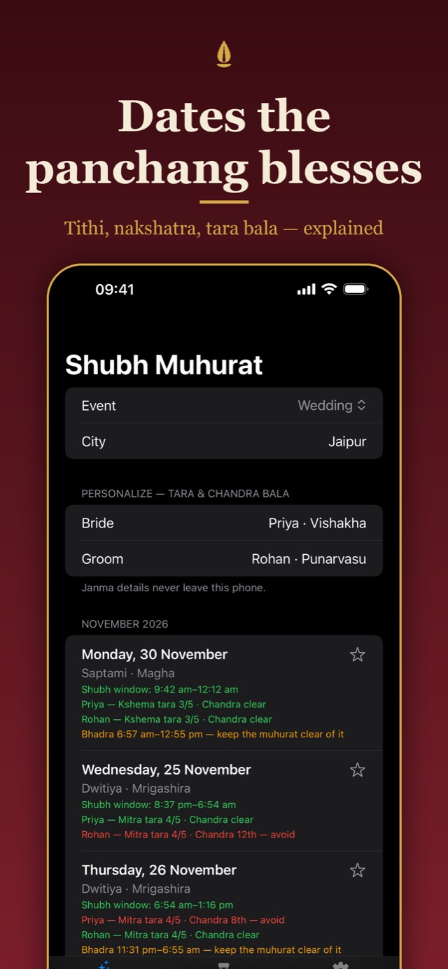 Lagna screenshot: Dates the panchang blesses — a shubh muhurat list with tithi, nakshatra, tara bala and bhadra windows for each date