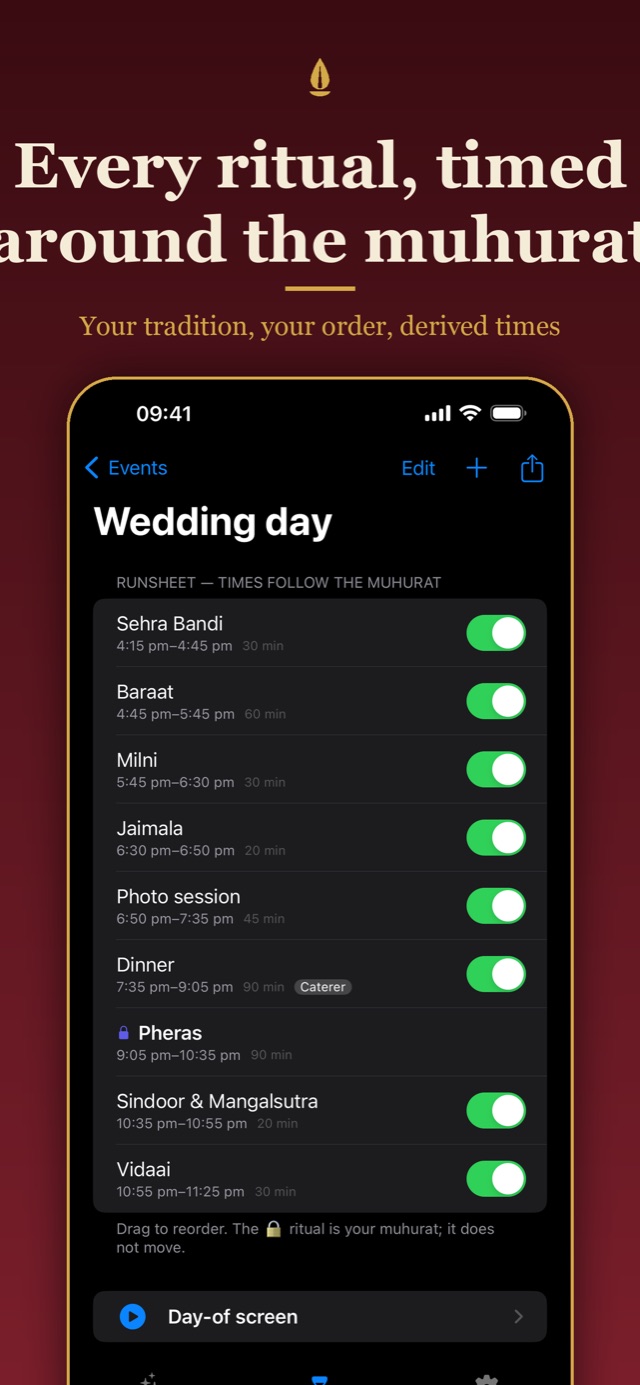 Lagna screenshot: a wedding-day runsheet from Sehra Bandi to Vidaai, each ritual timed around the locked Pheras muhurat