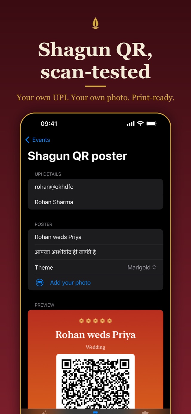 Lagna screenshot: the Shagun QR poster studio with UPI details, a blessing line, a Marigold theme and a print-ready preview