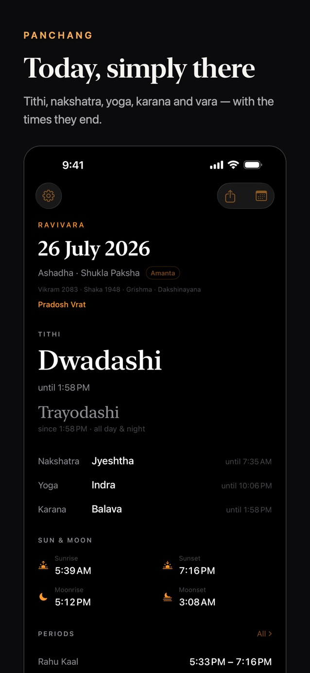 Panchang screenshot: Today, simply there — tithi, nakshatra, yoga, karana and vara with the times they end