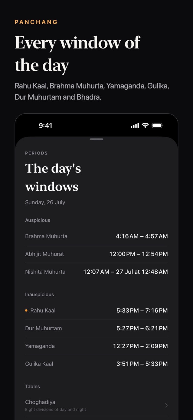 Panchang screenshot: Every window of the day — Rahu Kaal, Brahma Muhurta, Yamaganda, Gulika, Dur Muhurtam and Bhadra