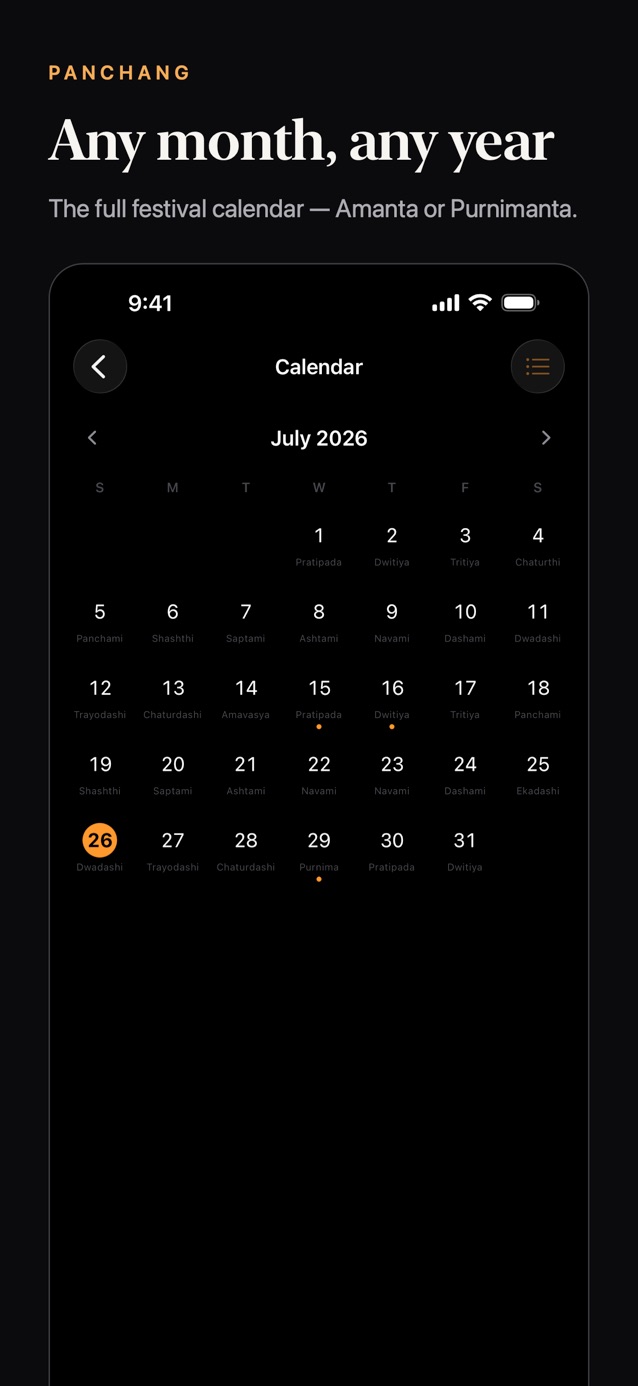 Panchang screenshot: Any month, any year — the full festival calendar, Amanta or Purnimanta