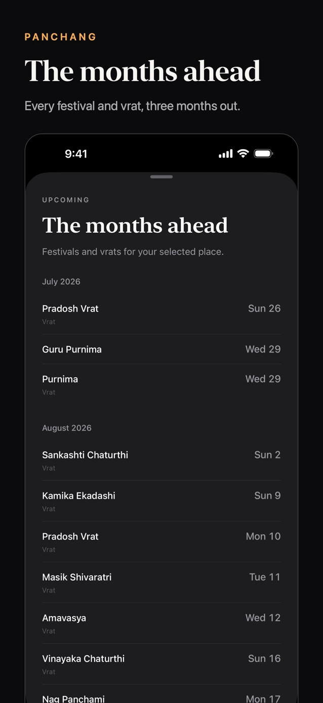 Panchang screenshot: The months ahead — every festival and vrat, three months out