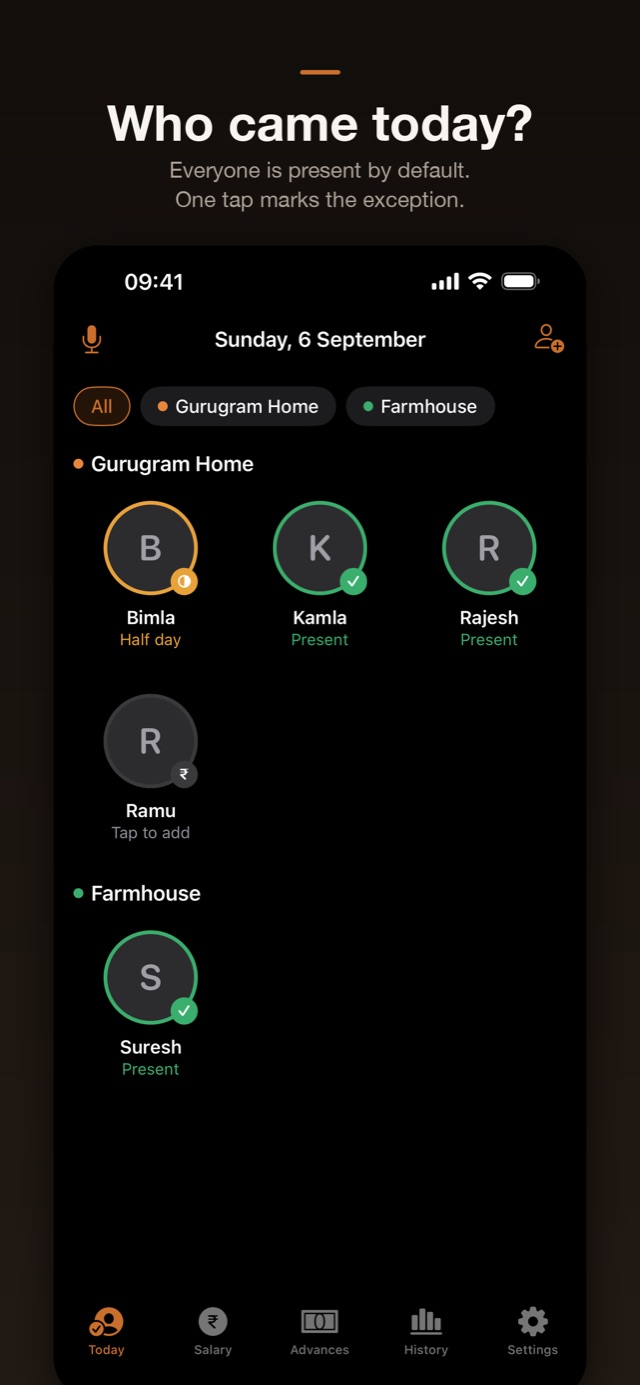 Staff Book screenshot: Who came today? Everyone is present by default, one tap marks the exception