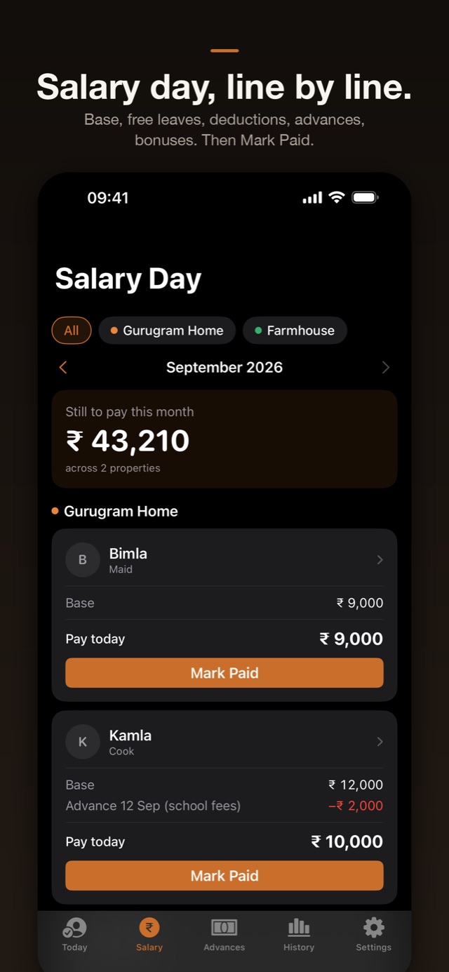 Staff Book screenshot: Salary Day showing base pay, an advance deduction and a Mark Paid button per person