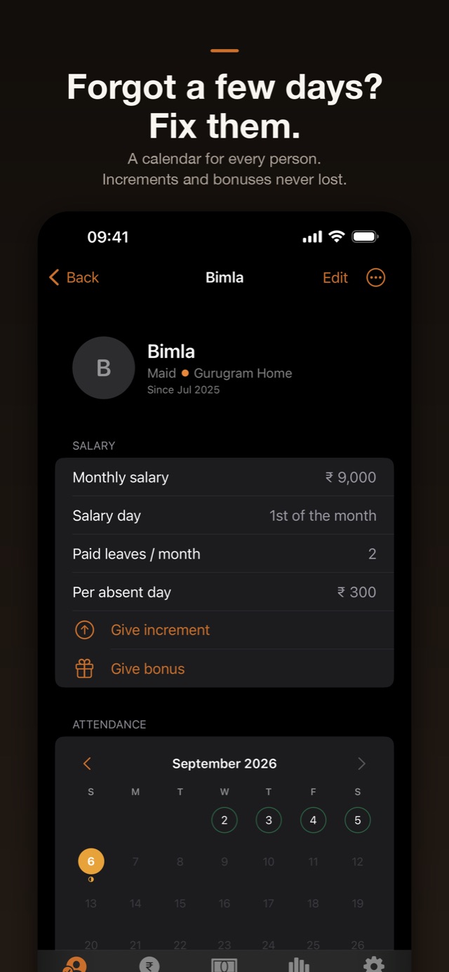 Staff Book screenshot: a person's profile with monthly salary, paid leaves, increments, bonuses and an attendance calendar