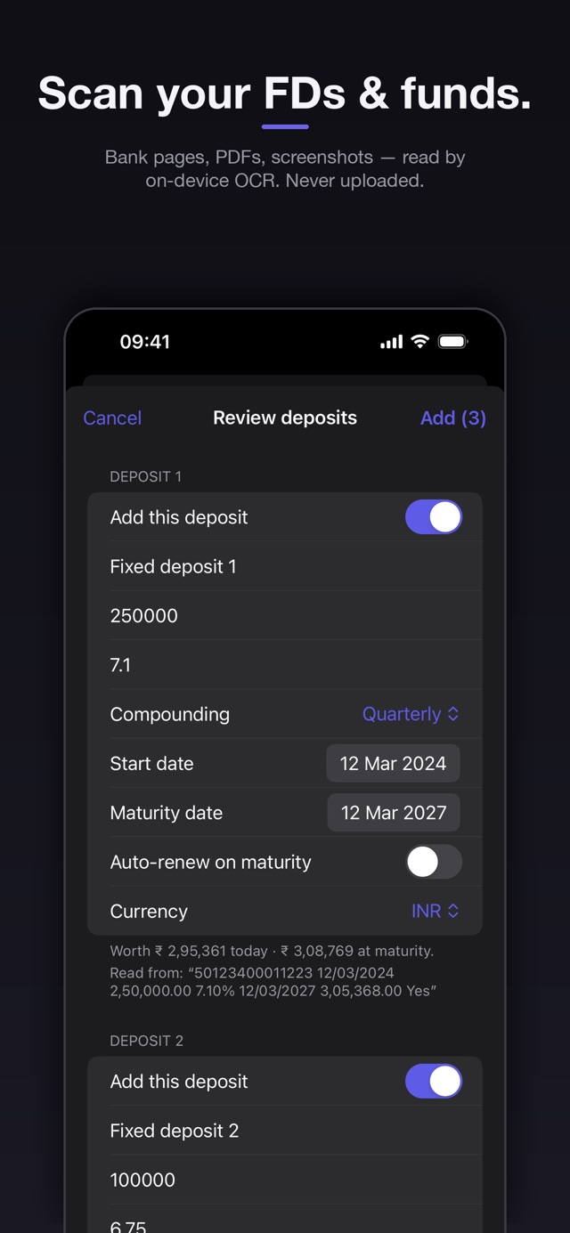 Worth screenshot: Scan your FDs and funds — reviewing deposits read by on-device OCR, never uploaded