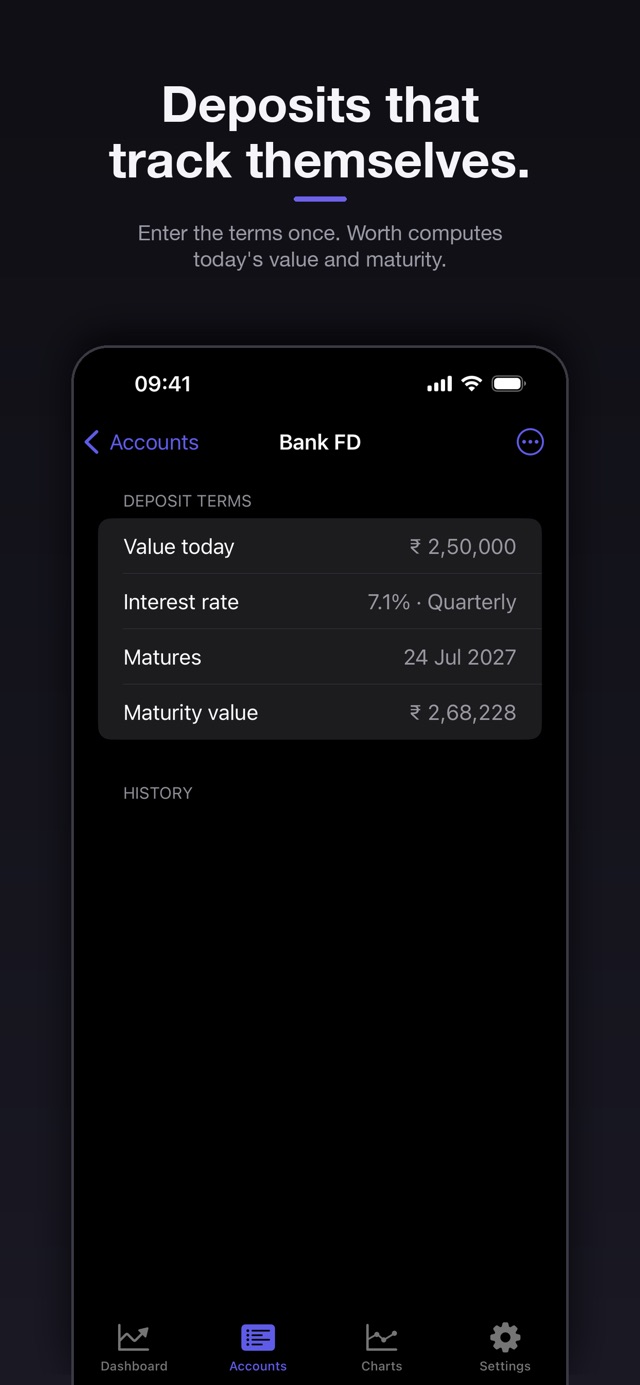Worth screenshot: Deposits that track themselves — a fixed deposit showing value today and maturity value